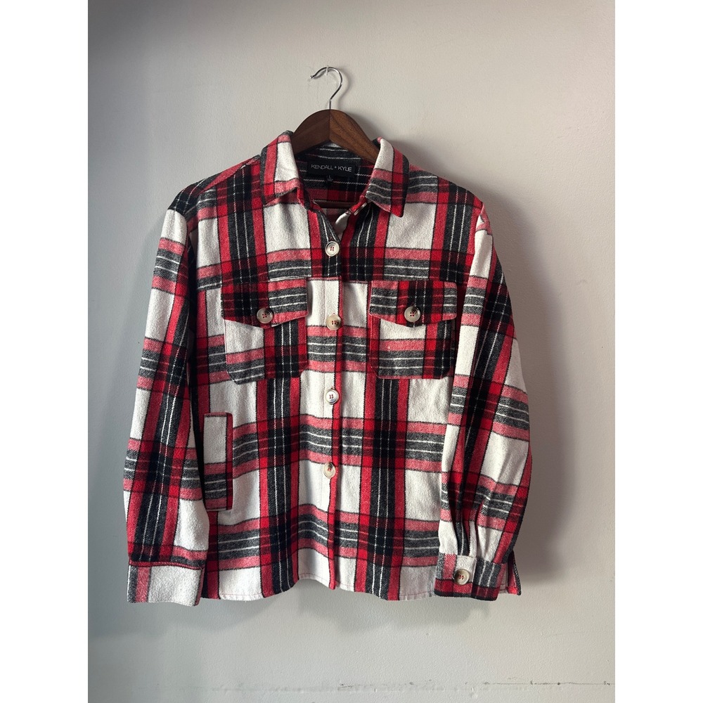Kendall + Kylie Red White Black Plaid Flannel Shacket Jacket Womens Large Grunge